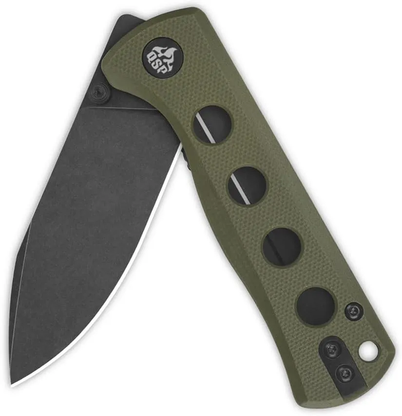 QSP KNIFE CANARY FOLDER POCKET KNIFE, SHARP 14C28N BLADE with COLORFUL G-10 HANDLES (blackwash blade,olive green G-10 handle)