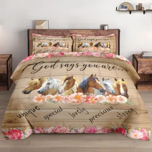 Queen Size Comforter Set with 2 Pillowcases, Colorful Horses Animal Pink Flower 3 Pcs Bedding for Kids and Adults, Inspirational Thoughts Soft Comforter Set for Bedroom Bed Decor