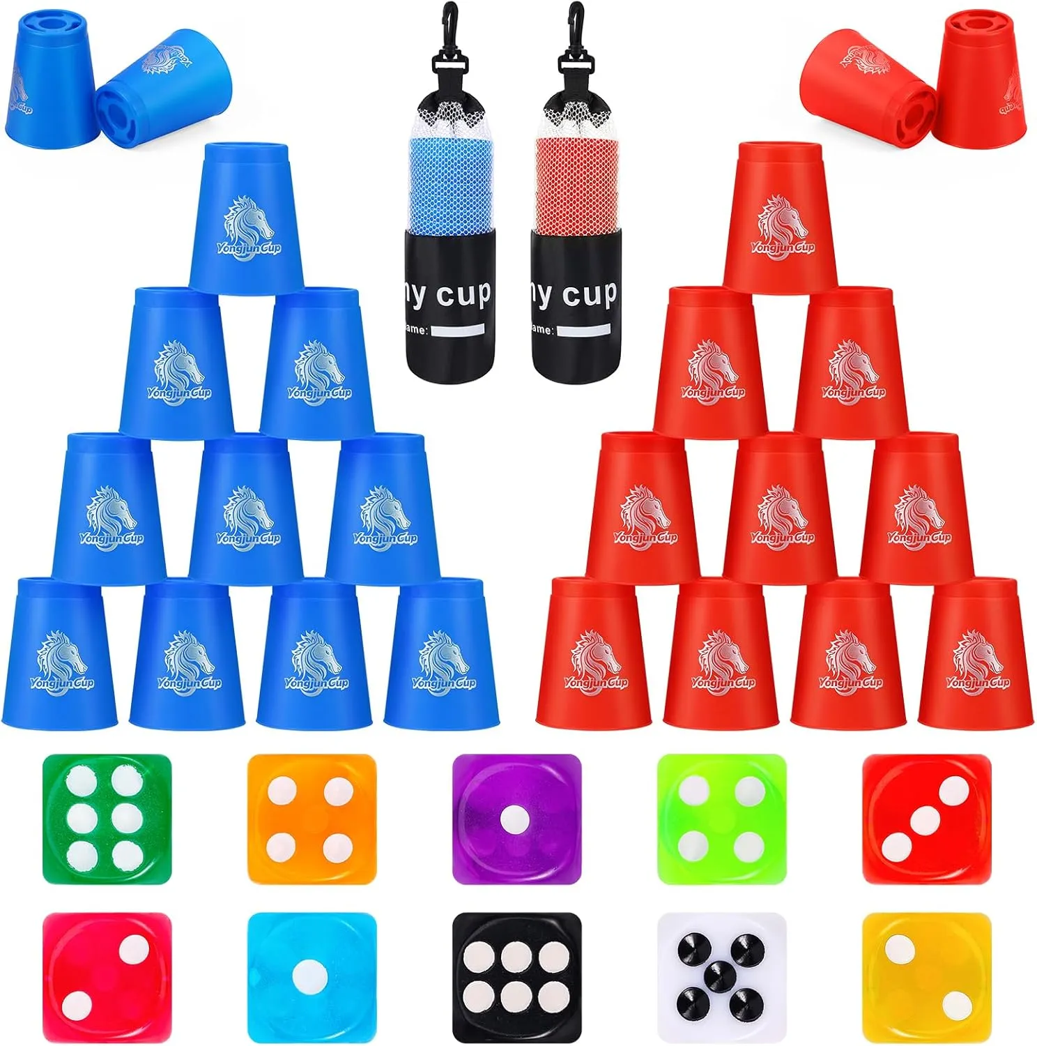 Quick Stacks Cups, 24 Pack of Sports Stacking Cups with 10 Pcs Colored Dice Set Speed Training Game Challenge Competition Party Toy (Blue & Red)