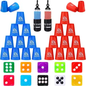 Quick Stacks Cups, 24 Pack of Sports Stacking Cups with 10 Pcs Colored Dice Set Speed Training Game Challenge Competition Party Toy (Blue & Red)