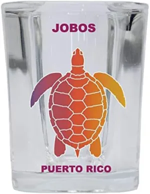 R and R Imports Jobos Puerto Rico Souvenir Square Shot Glass Rainbow Turtle Design 4-Pack