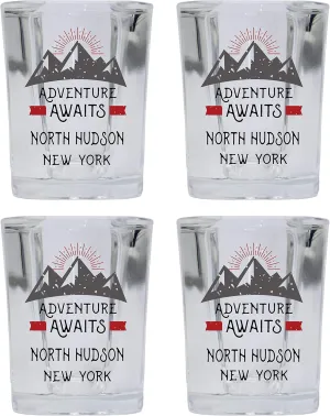 R and R Imports North Hudson New York Souvenir 2 Ounce Square Base Liquor Shot Glass Adventure Awaits Design 4-Pack