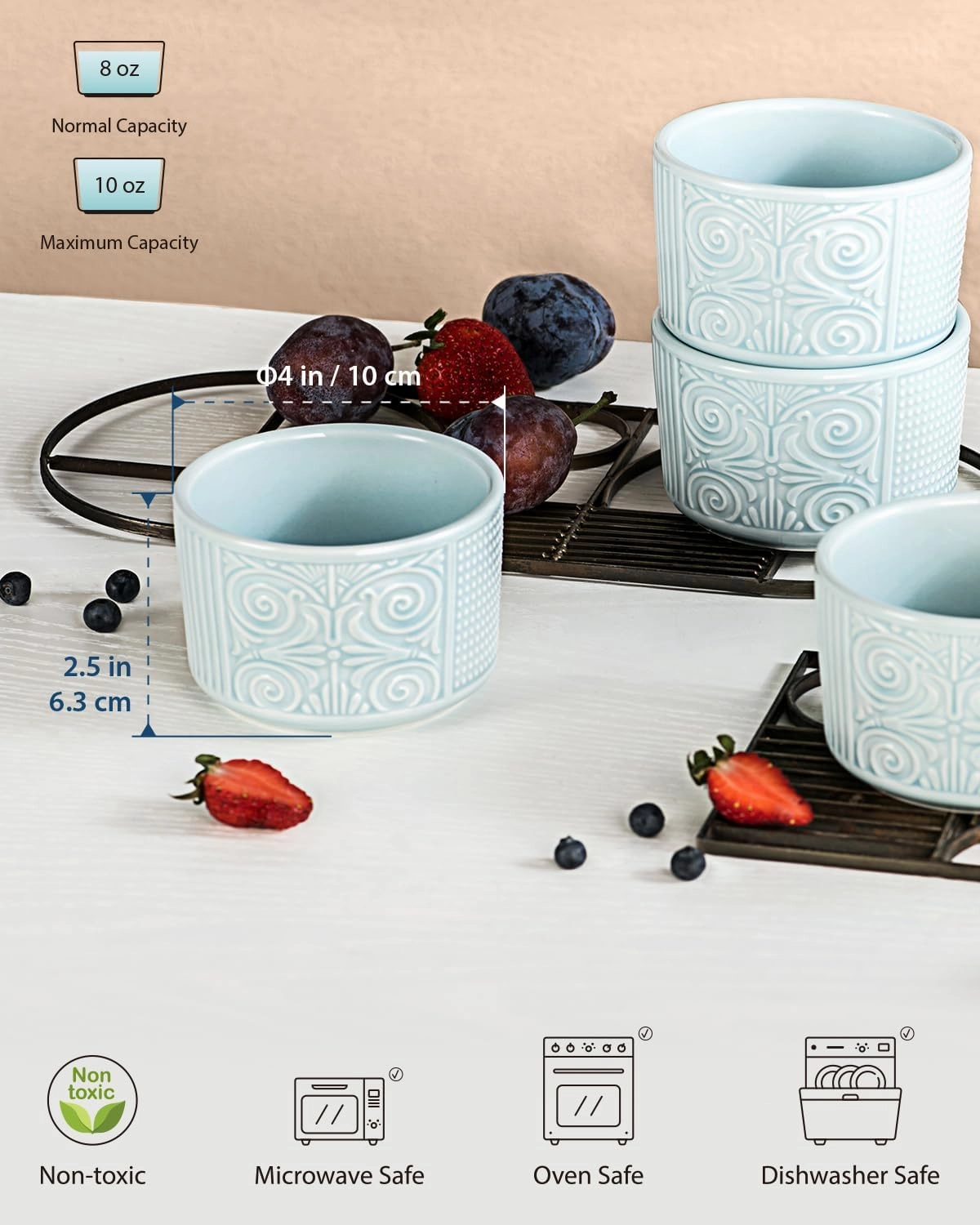 Ramekins 10 OZ, Embossed Ramekins for Creme Brulee, Lava Cake, Pudding, Souffle, Ceramic Custard Cups for Baking, Dishwasher and Oven Safe, Set of 4, Light Sky Blue