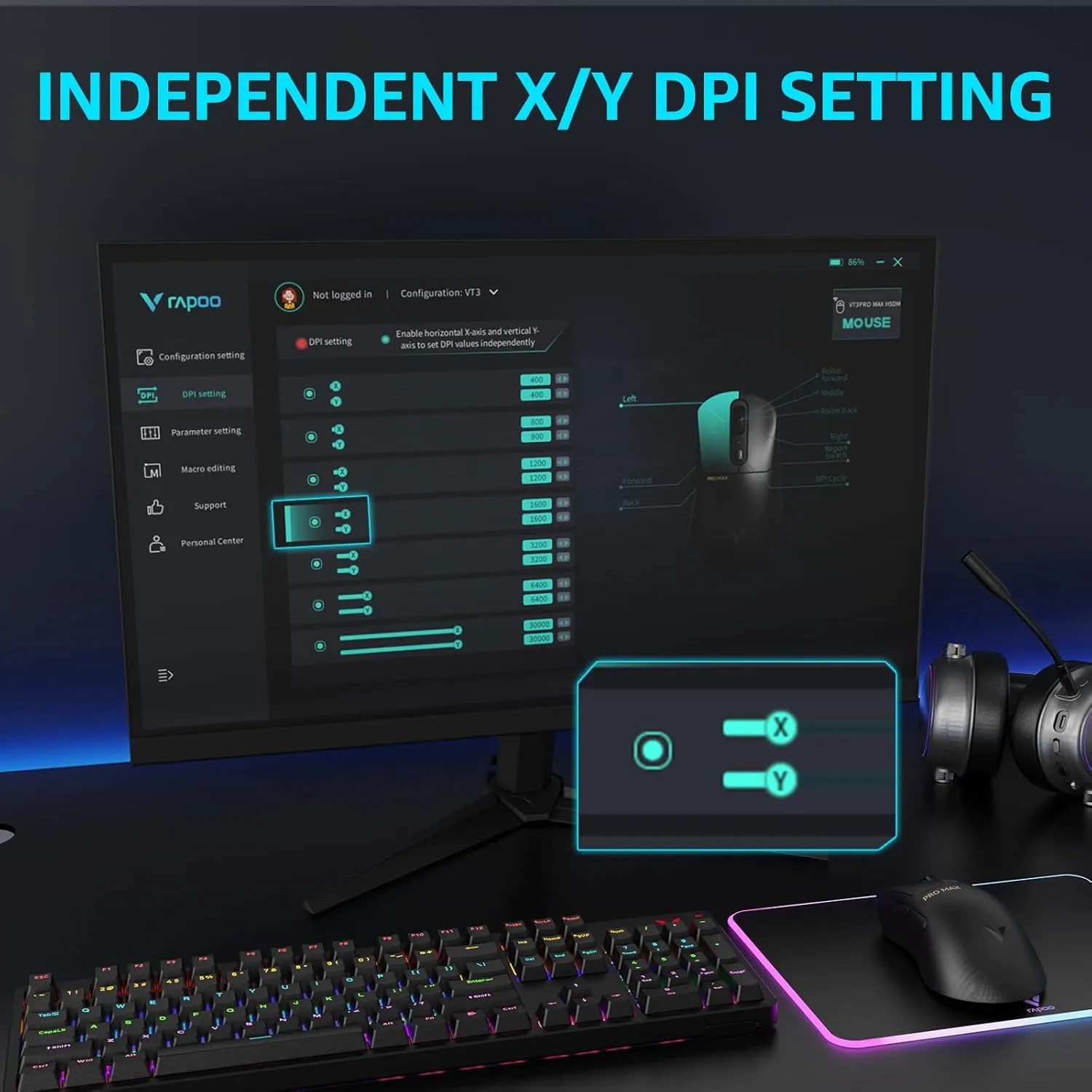 Rapoo VT3PRO MAX Wireless Gaming Mouse, 59g Superlight, 8KHz Polling, PAW 3950 Ultimate Optical Sensor, 30K Independent X/Y DPI, 1 8 Programmable Buttons, 200H Battery Life, Classic Shape, PC, Black