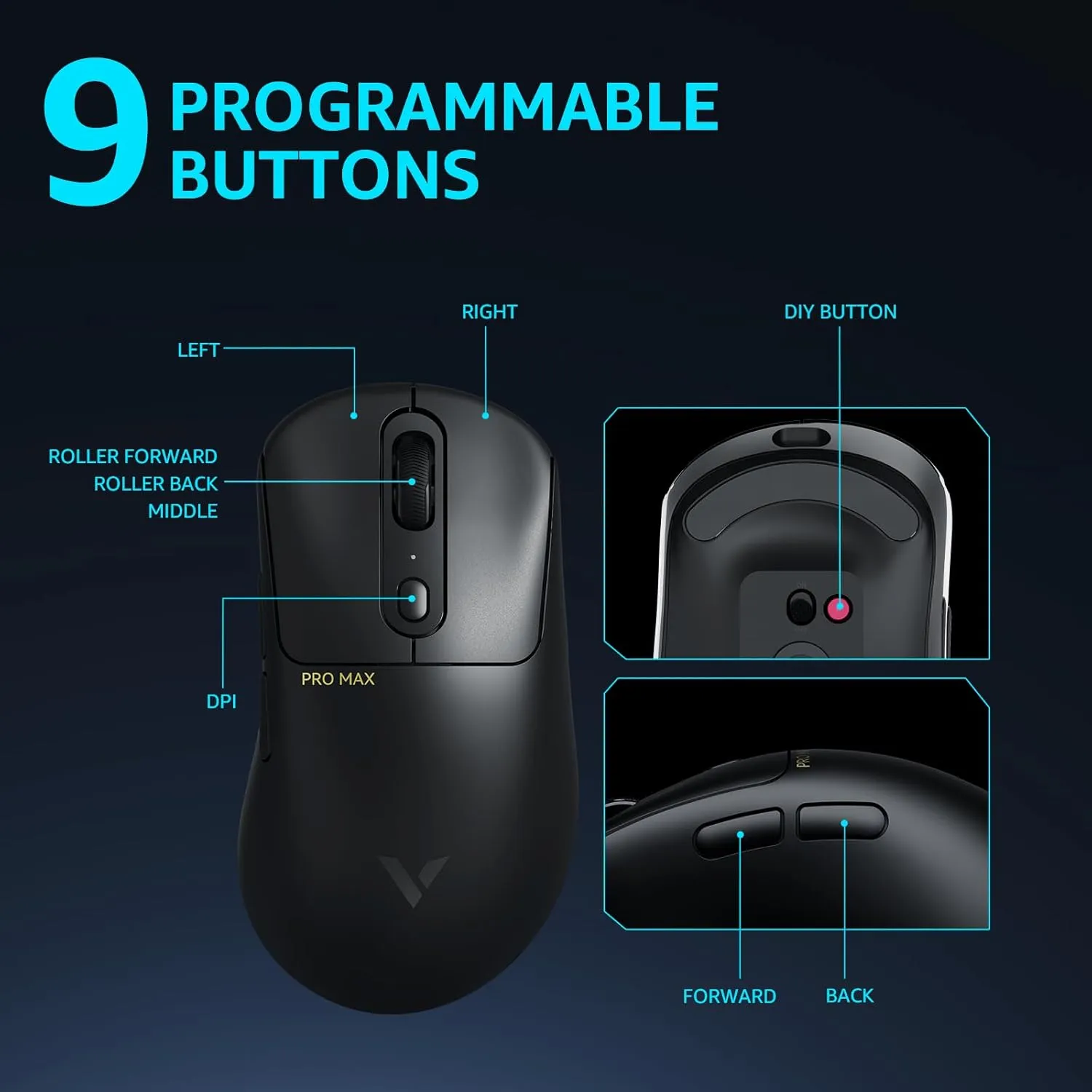 Rapoo VT3PRO MAX Wireless Gaming Mouse, 59g Superlight, 8KHz Polling, PAW 3950 Ultimate Optical Sensor, 30K Independent X/Y DPI, 1 8 Programmable Buttons, 200H Battery Life, Classic Shape, PC, Black