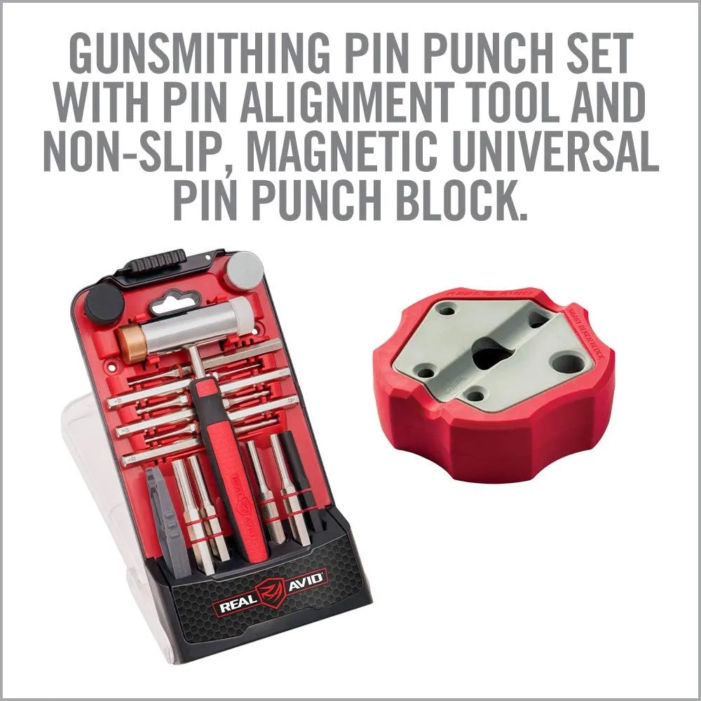 Real Avid Pin Punch Set & Hammer   Non-Slip Magnetic Bench Block | 10 Standard Nickel-Plated Steel Pin Punches, 4 Interchangeable Hammer Heads - Brass, Steel, Rubber, Nylon & Non-Marring Bench Block