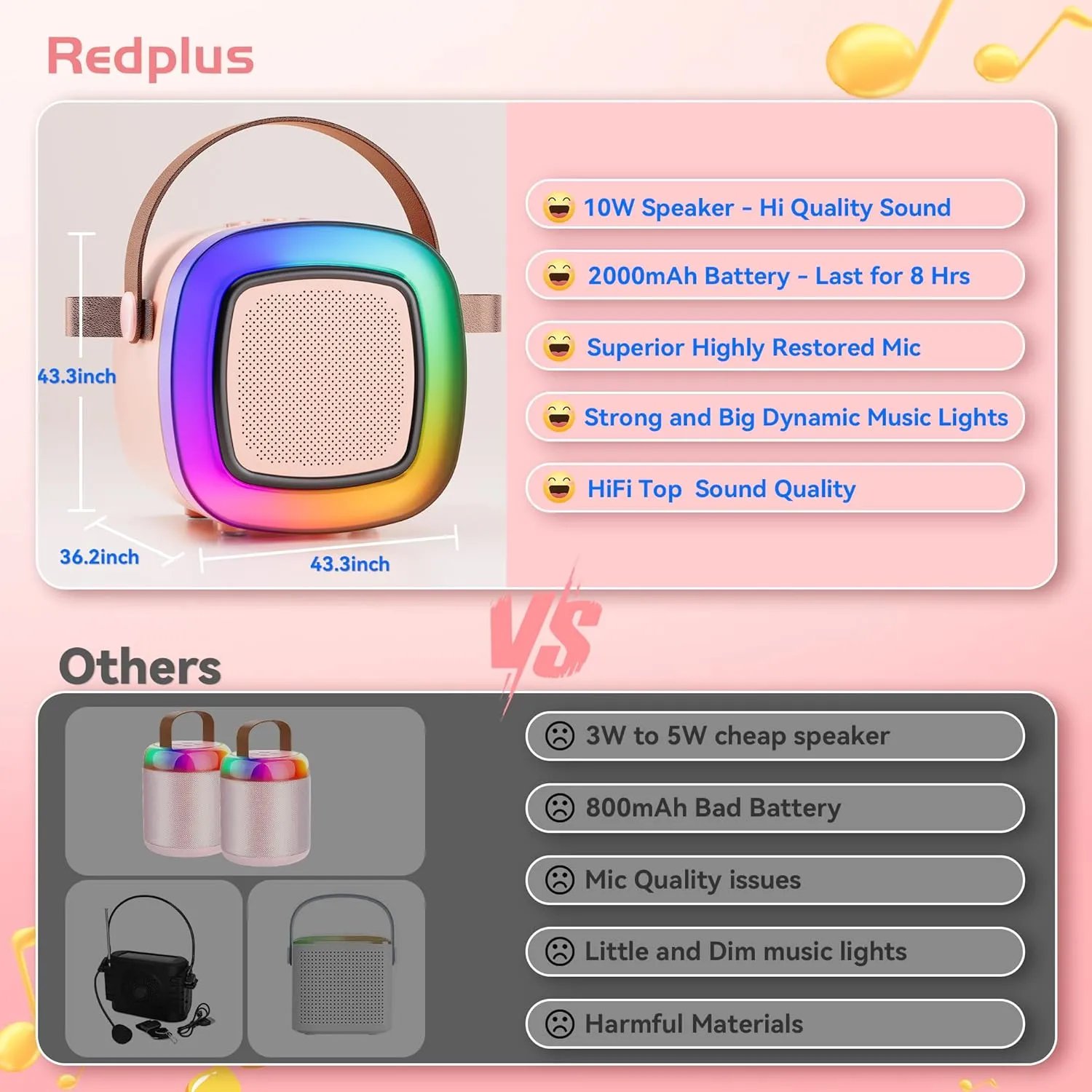 Redplus KTV Karaoke Machine for Kids and Adults, LED Light Singing Toy Speaker with 2 Wireless Microphones, Chirstmas Birthday Gifts Creative Toys for Girls and Boys - All ages Toddler (Blue - 2 Mics)