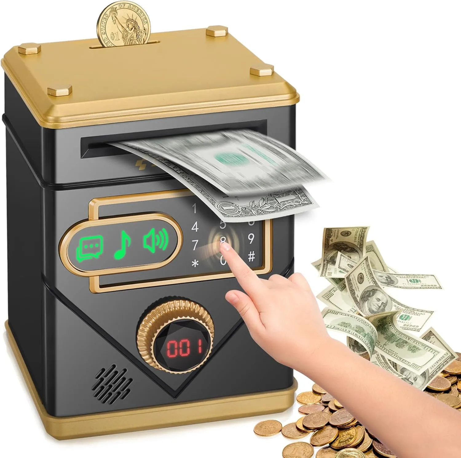 Refasy Piggy Bank,Electronic Money Bank Cash Coin Can for Kids Password Money Saving Box ATM Bank with Music Touchscreen Coin Bank Kids Toys Best Gifts for Girls Boys Age 8 9 10 11 12(Black)