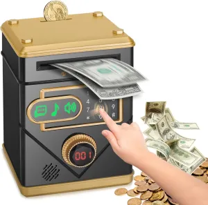 Refasy Piggy Bank,Electronic Money Bank Cash Coin Can for Kids Password Money Saving Box ATM Bank with Music Touchscreen Coin Bank Kids Toys Best Gifts for Girls Boys Age 8 9 10 11 12(Black)
