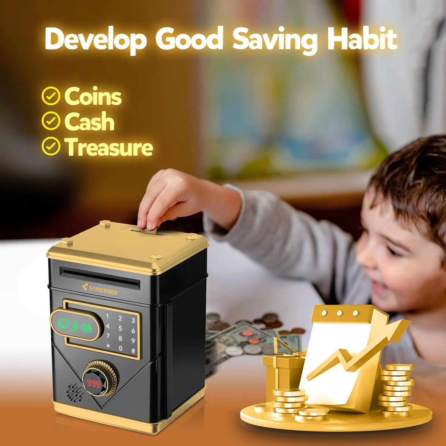 Refasy Piggy Bank,Electronic Money Bank Cash Coin Can for Kids Password Money Saving Box ATM Bank with Music Touchscreen Coin Bank Kids Toys Best Gifts for Girls Boys Age 8 9 10 11 12(Black)