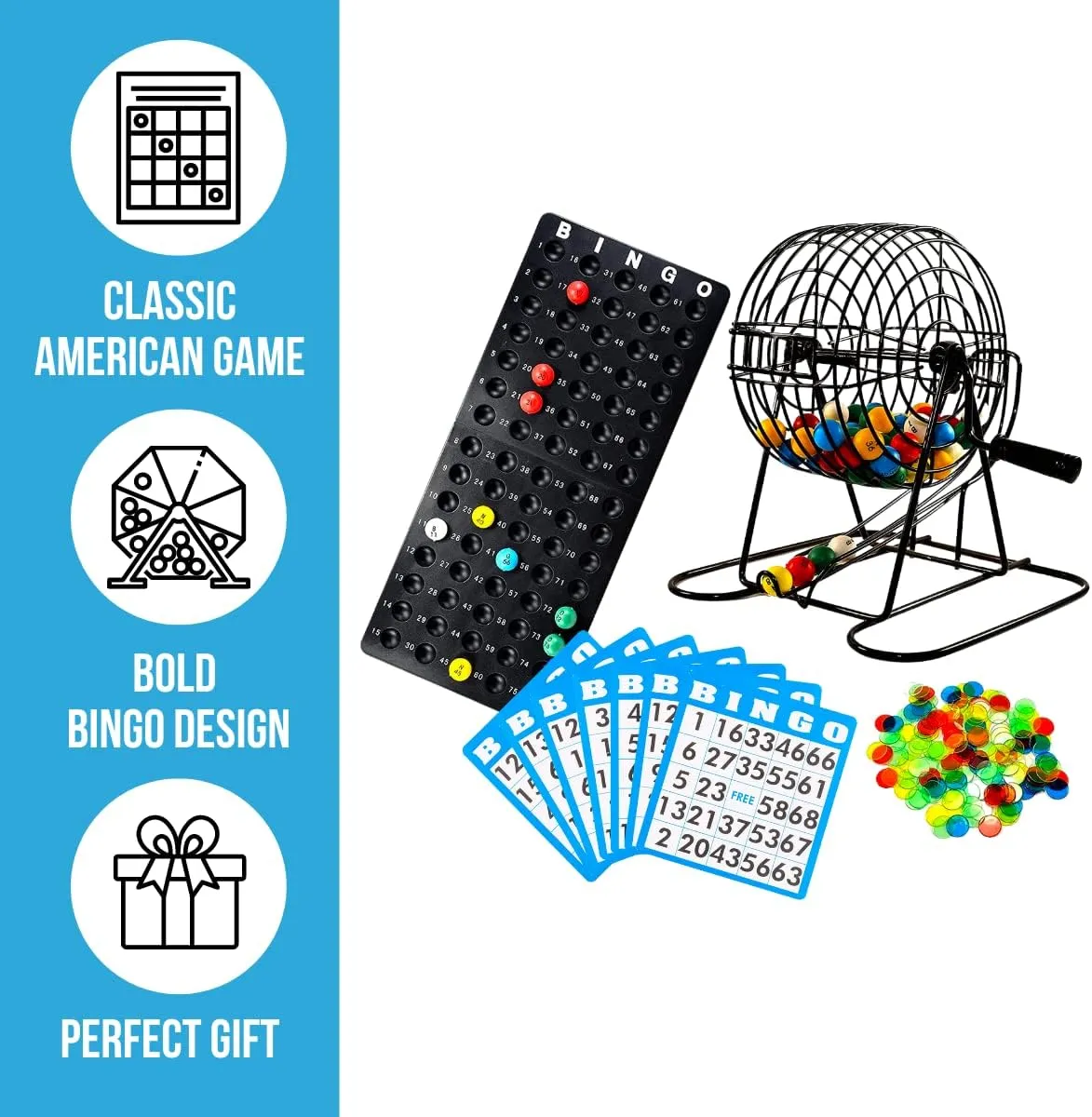 Regal Bingo Deluxe Bingo Game Set for Adults and Kids - Includes 6 Inch Bingo Wheel Cage, 75 Balls, Master Board, 18 Cards, and Colorful Chips - Fun Family Bingo Night