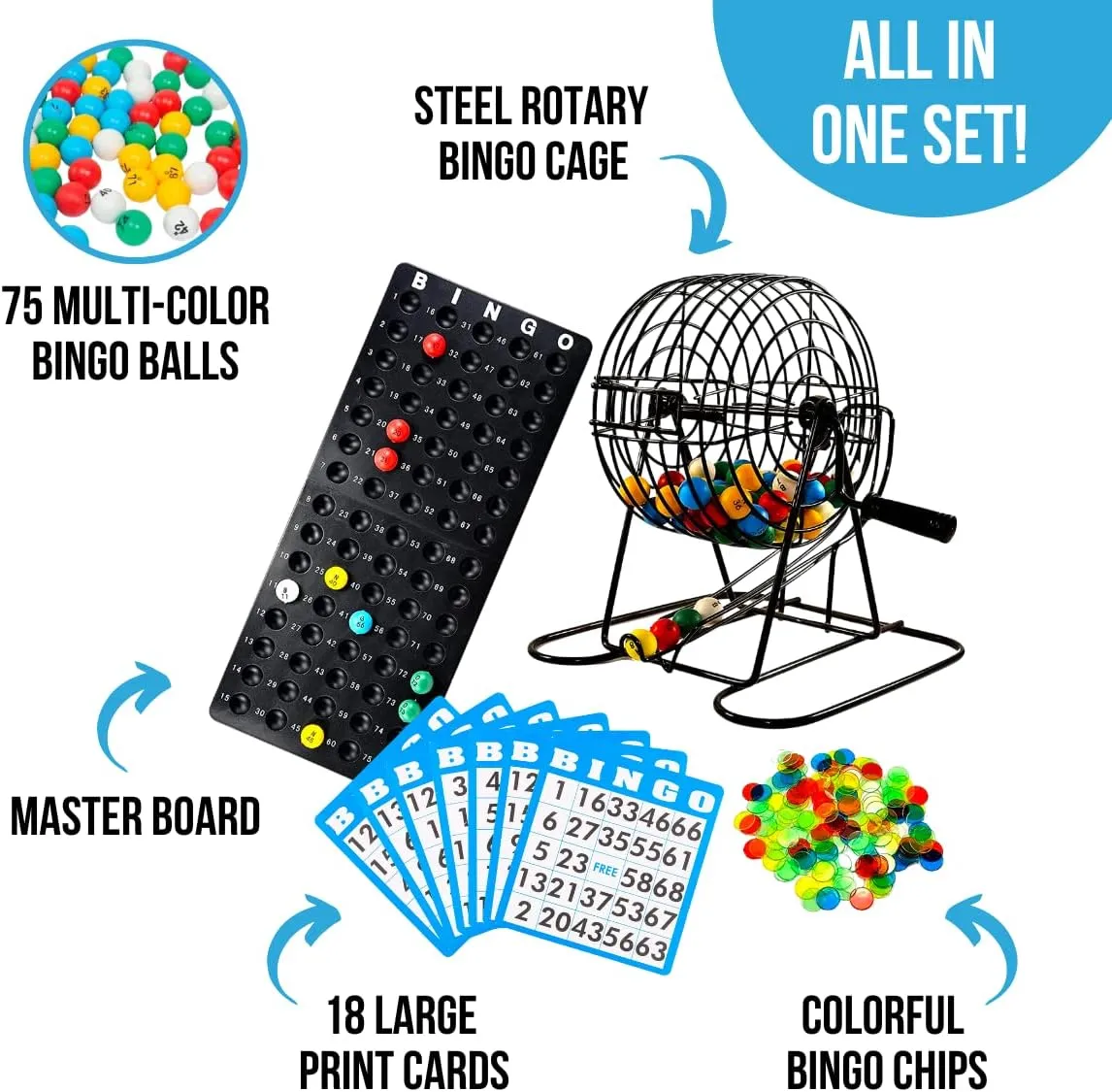 Regal Bingo Deluxe Bingo Game Set for Adults and Kids - Includes 6 Inch Bingo Wheel Cage, 75 Balls, Master Board, 18 Cards, and Colorful Chips - Fun Family Bingo Night