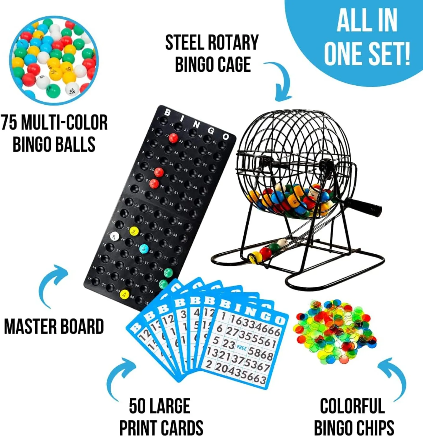 Regal Bingo Deluxe Game Set for Adults and Kids - Includes 8 Inch Wheel Cage, 75 Balls, Master Board, 50 Cards and Colorful Chips - Fun Family Game Night