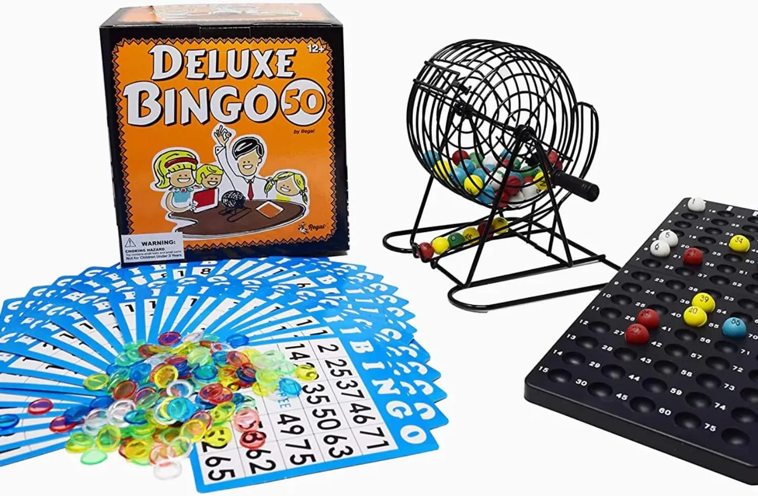 Regal Bingo Deluxe Game Set for Adults and Kids - Includes 8 Inch Wheel Cage, 75 Balls, Master Board, 50 Cards and Colorful Chips - Fun Family Game Night