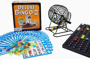Regal Bingo Deluxe Game Set for Adults and Kids - Includes 8 Inch Wheel Cage, 75 Balls, Master Board, 50 Cards and Colorful Chips - Fun Family Game Night