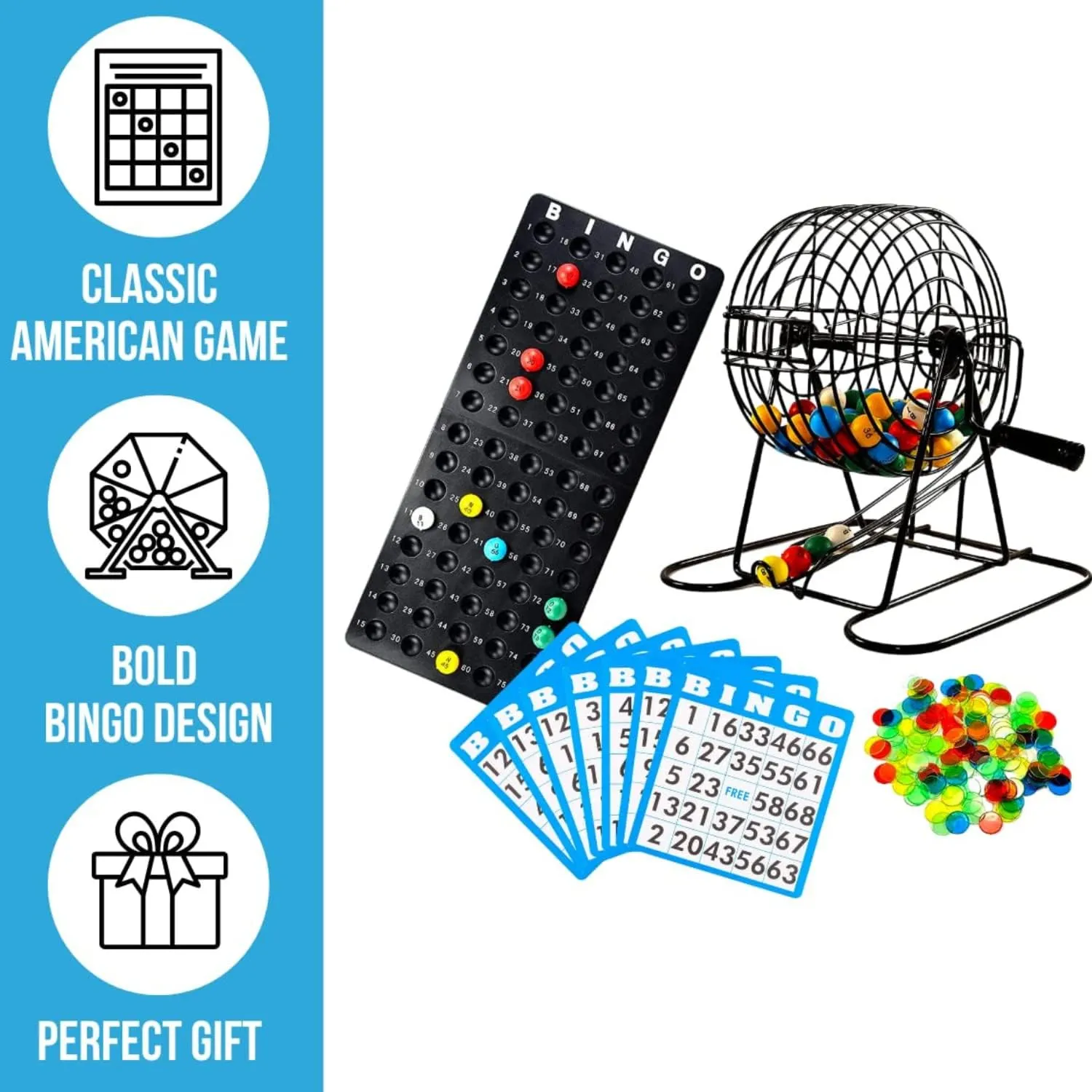 Regal Bingo Deluxe Game Set for Adults and Kids - Includes 8 Inch Wheel Cage, 75 Balls, Master Board, 50 Cards and Colorful Chips - Fun Family Game Night