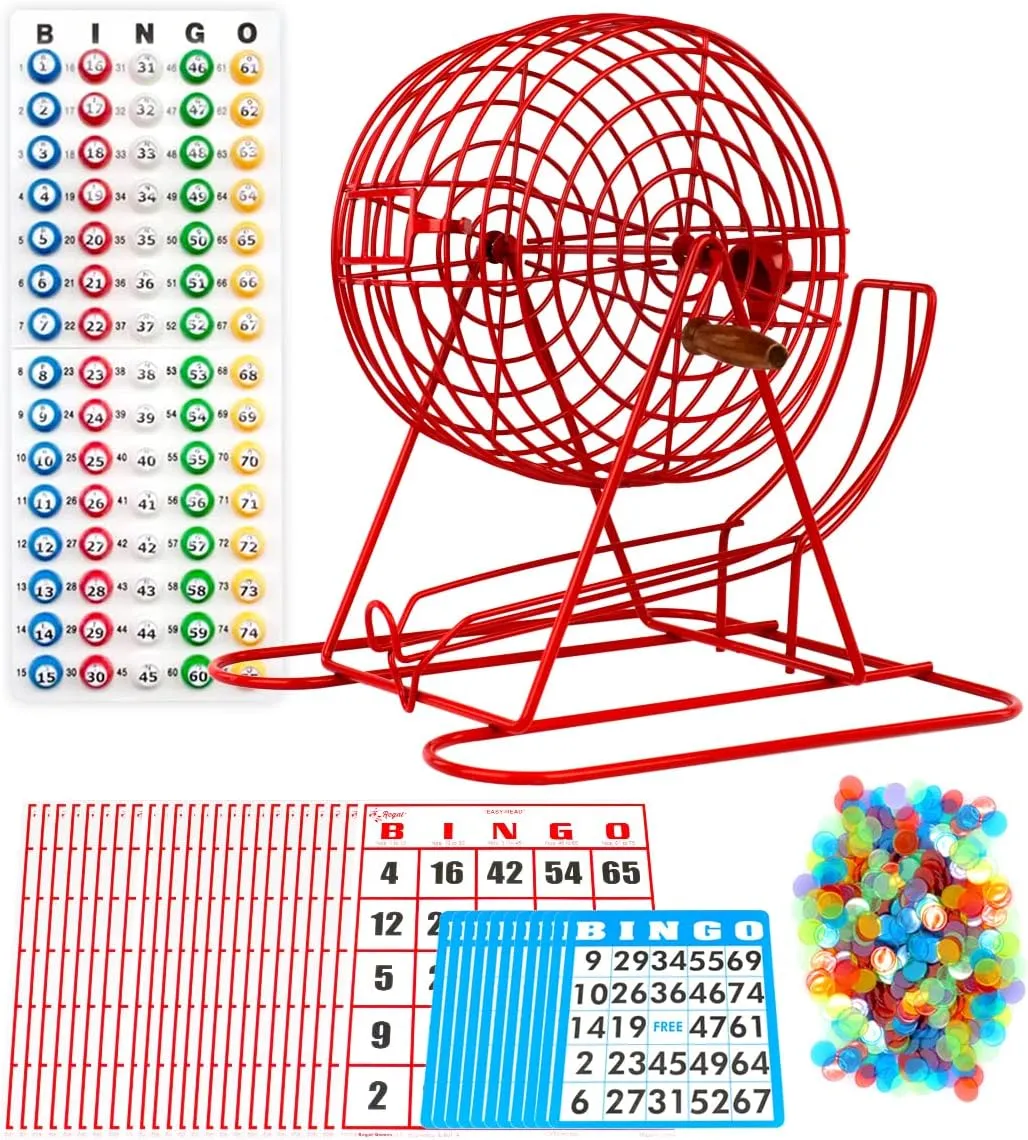 Regal Bingo Professional Bingo Game Set with 11" Wheel Cage, 75 Bingo Balls, Master Board, 18 Bingo Cards & 25 Jumbo Reusable Cards, and Colorful Chips - Bingo Games for Adults Large Group - Red