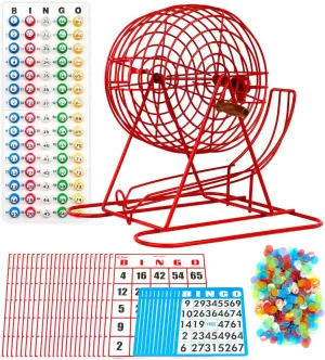 Regal Bingo Professional Bingo Game Set with 11" Wheel Cage, 75 Bingo Balls, Master Board, 18 Bingo Cards & 25 Jumbo Reusable Cards, and Colorful Chips - Bingo Games for Adults Large Group - Red