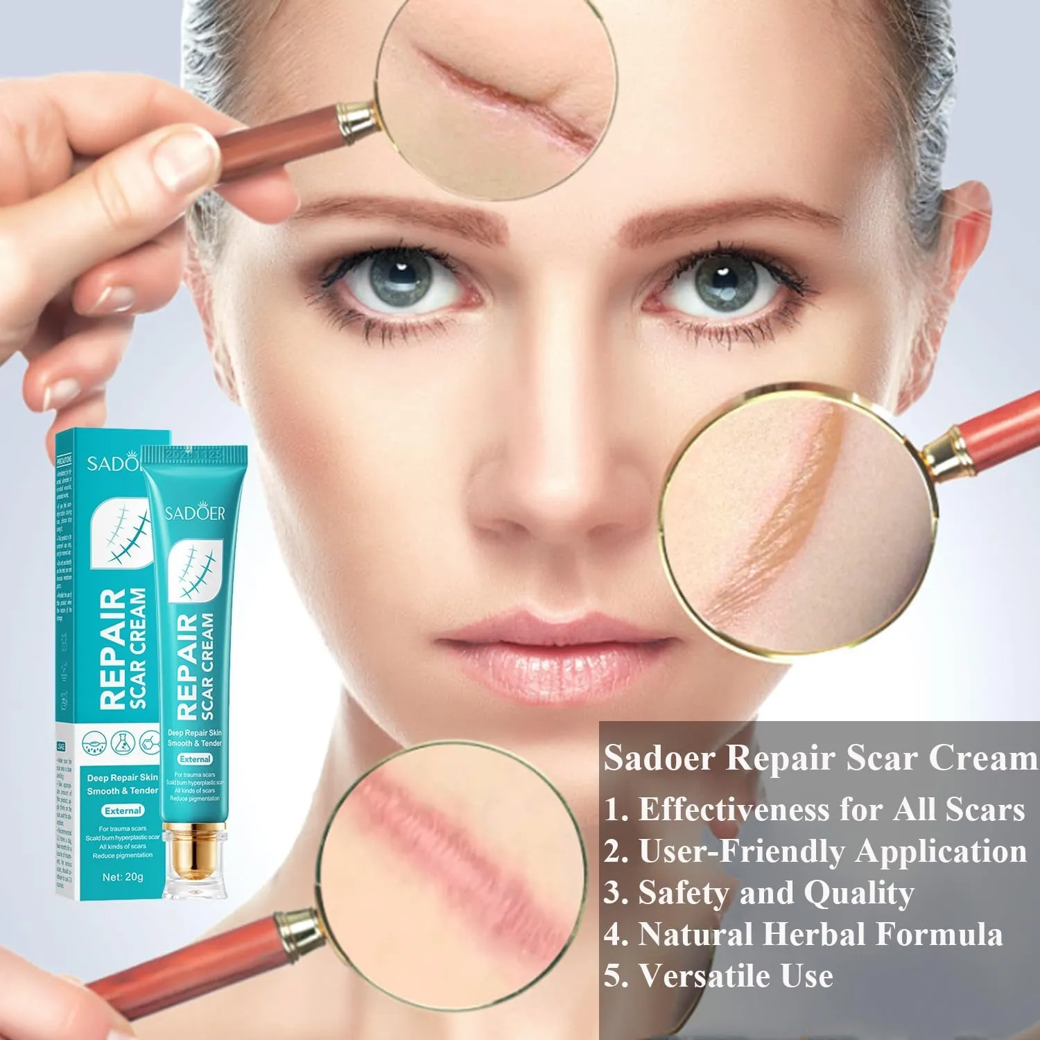 Repair Scar Cream,Scar Cream Face, Professional Repair Gel with Natural Herbal Formula, Removal for Both New and Old, Deep Skin Repair (2)