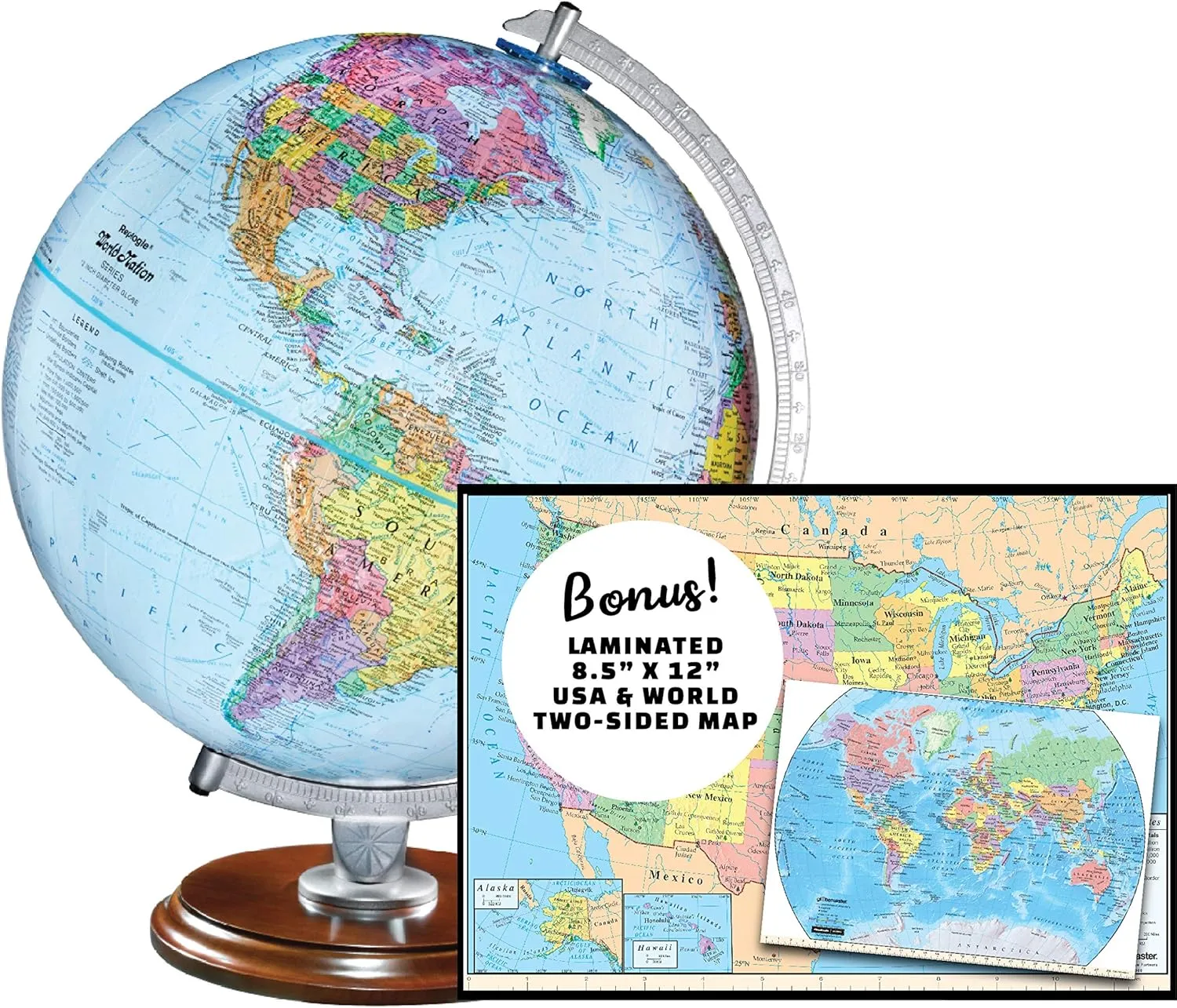 Replogle Student - Educational Classic World globe, Blue Ocean, Raised Relief feature, including a bonus map, made in USA, 12"/30cm diameter