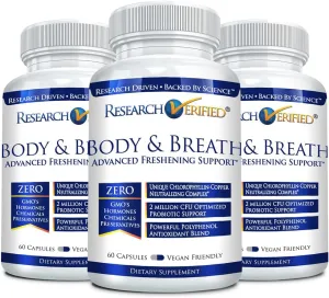 Research Verified Body & Breath Natural Deodorant & Freshener - Bad Breath & Body Odor Supplement - 60 Count (3 Months Supply)