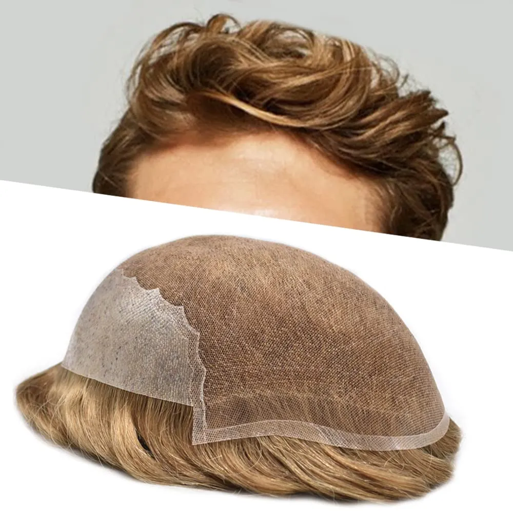RESHE Mens Hair System French Lace Front Hair Pieces For Men Toupee For Men Real Human Hair Replacement System Slight Wavy Hand Tied Men's Hairpiece 7"X9"-90% Light density #17R