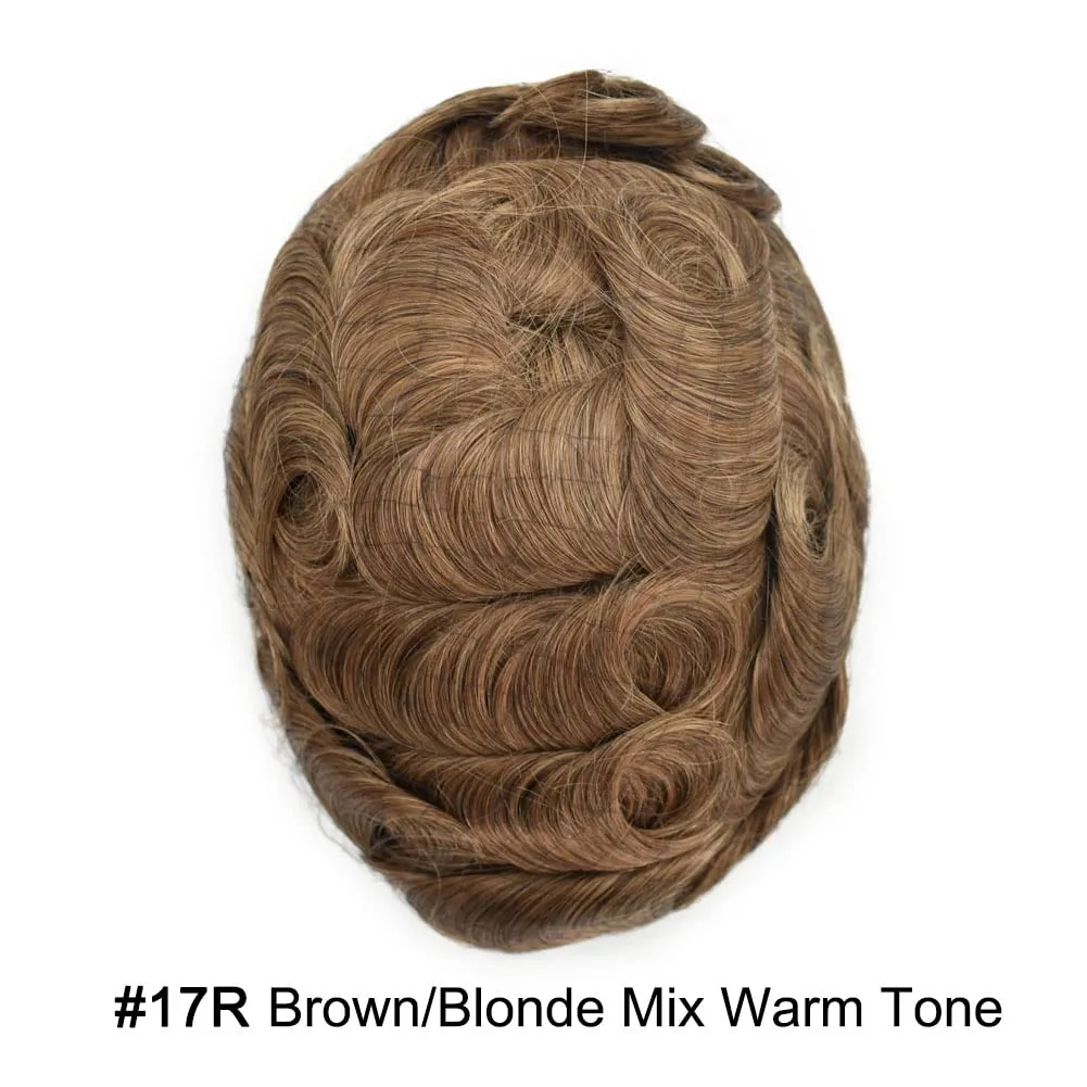 RESHE Mens Hair System French Lace Front Hair Pieces For Men Toupee For Men Real Human Hair Replacement System Slight Wavy Hand Tied Men's Hairpiece 7"X9"-90% Light density #17R