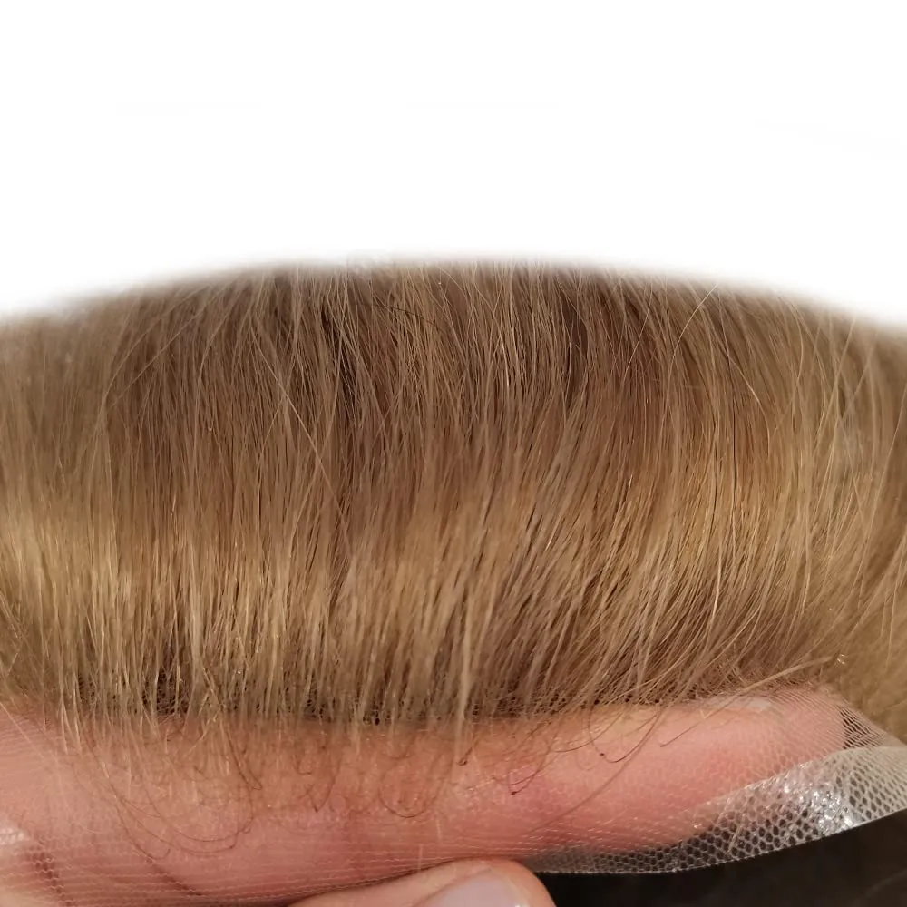 RESHE Mens Hair System French Lace Front Hair Pieces For Men Toupee For Men Real Human Hair Replacement System Slight Wavy Hand Tied Men's Hairpiece 7"X9"-90% Light density #17R