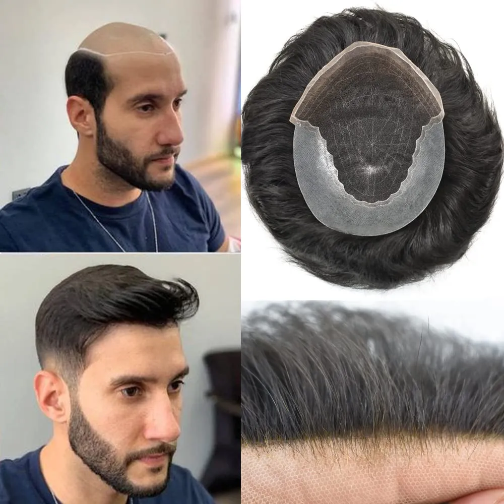 RESHE Mens Hair System French Lace Front Hair Pieces For Men Toupee For Men Real Human Hair Replacement System Slight Wavy Hand Tied Men's Hairpiece 7"X9"-90% Light density #1