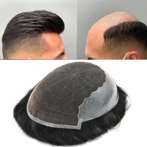 RESHE Mens Hair System French Lace Front Hair Pieces For Men Toupee For Men Real Human Hair Replacement System Slight Wavy Hand Tied Men's Hairpiece 7"X9"-90% Light density #1