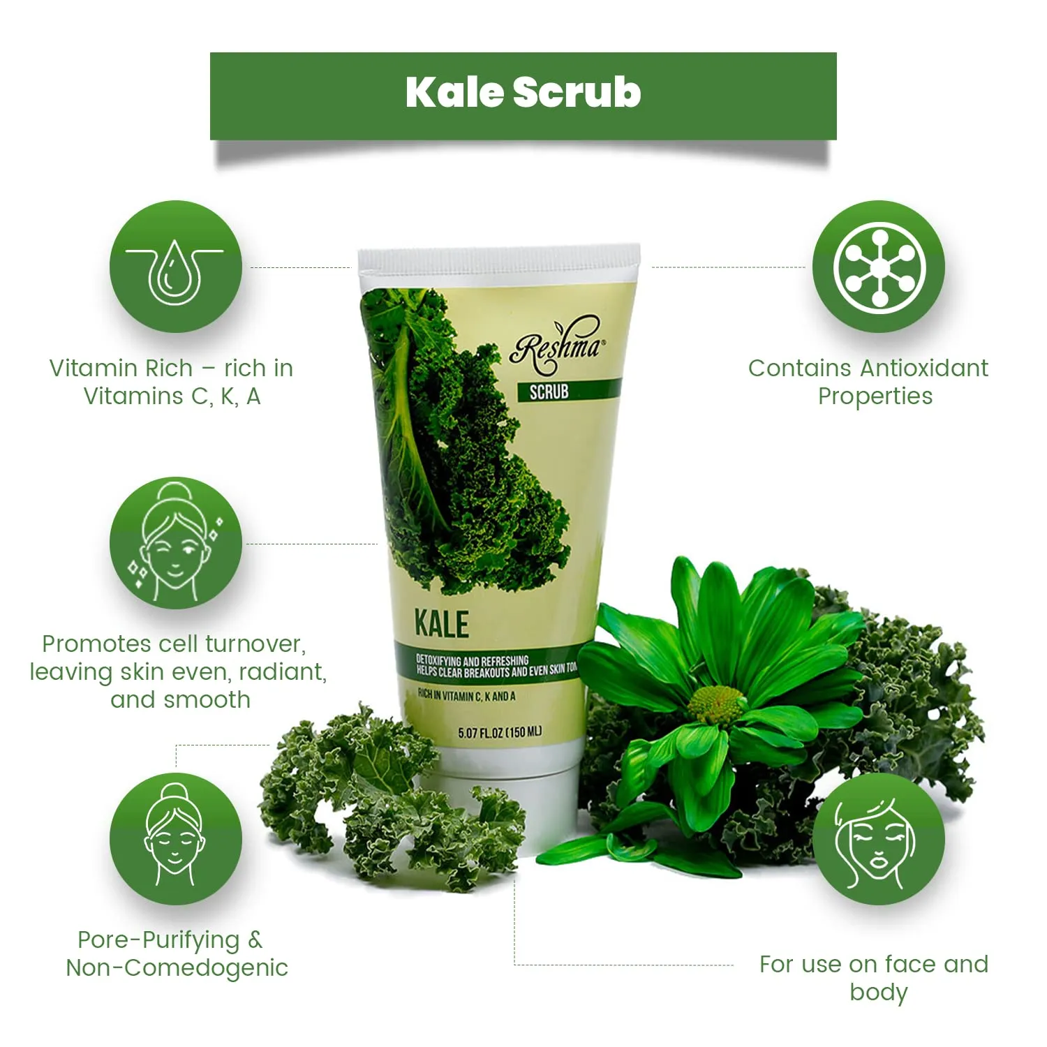 Reshma Beauty Kale Scrub | Dual Action Cleanser Face & Body Scrub | Gentle for All Skin Types and Dull Skin|Purifying and Hydrating| Enhances Natural Glow| Cruelty Free (Pack of 6), 5.07 oz