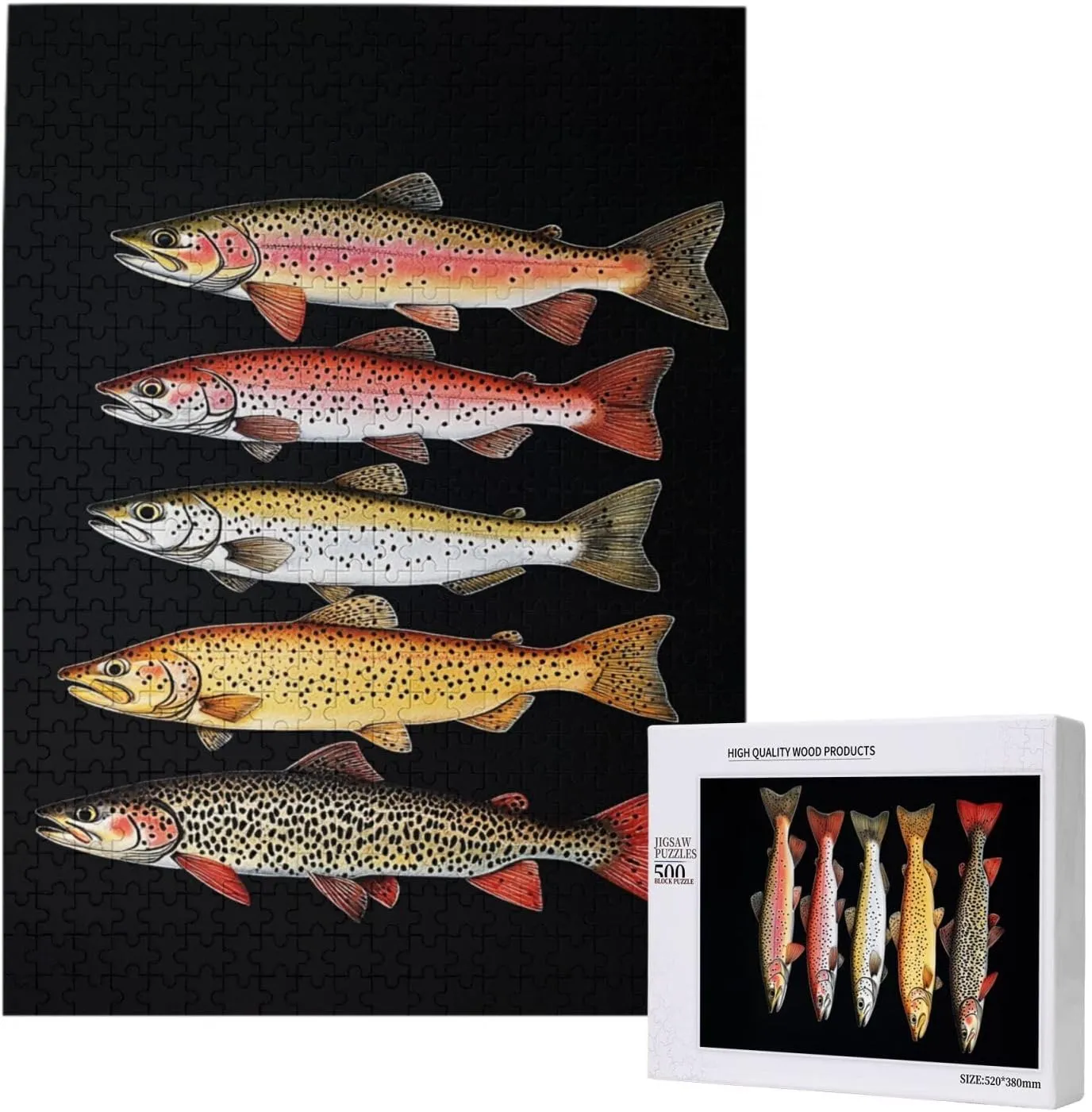Retro Style Brainstorming Game, Different Varieties of Fish, Puzzles for Adults 500 Pieces, Stress Reliever for Parties, Impossible Brain Challenge for Fishing Enthusiasts
