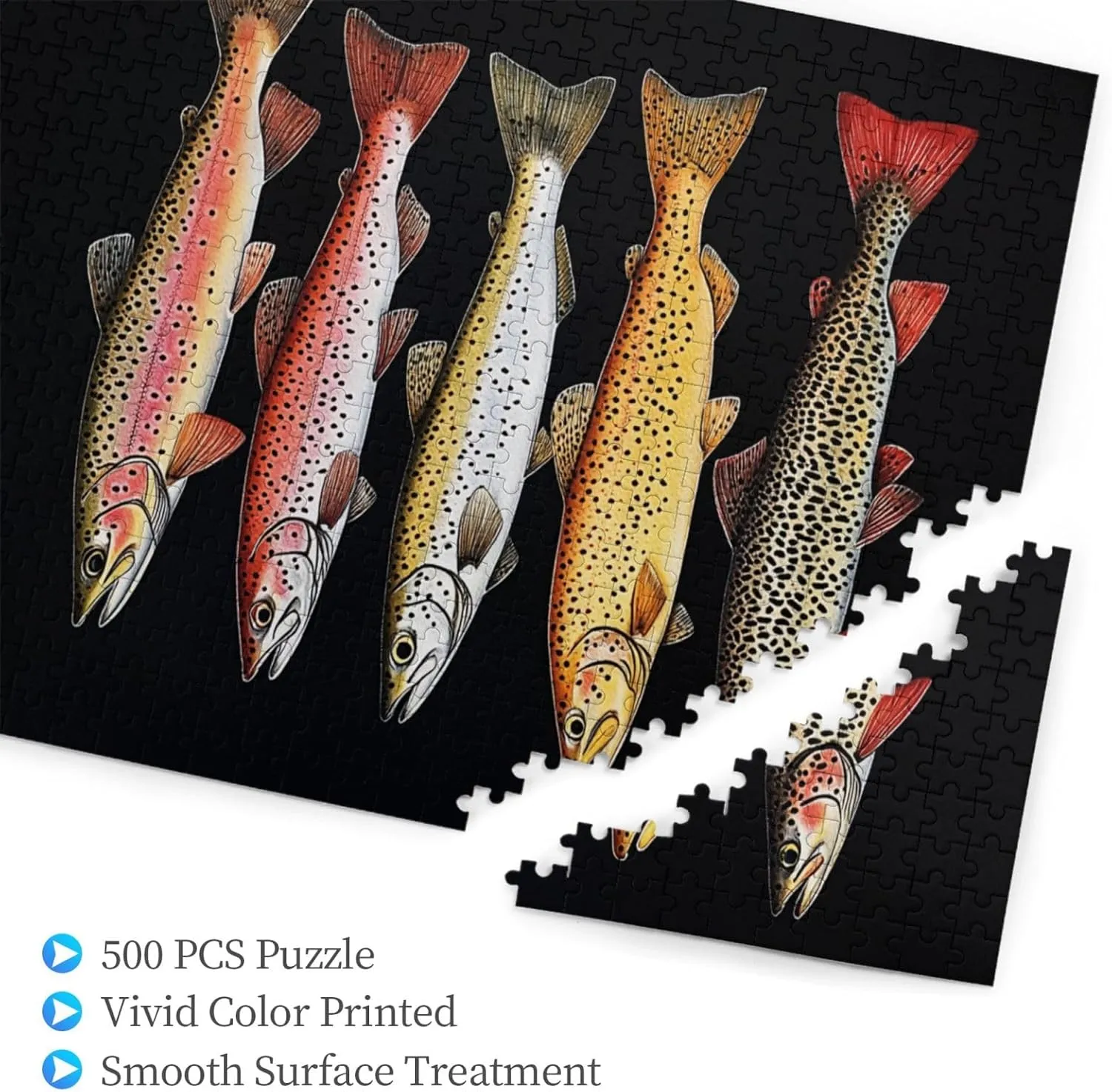 Retro Style Brainstorming Game, Different Varieties of Fish, Puzzles for Adults 500 Pieces, Stress Reliever for Parties, Impossible Brain Challenge for Fishing Enthusiasts