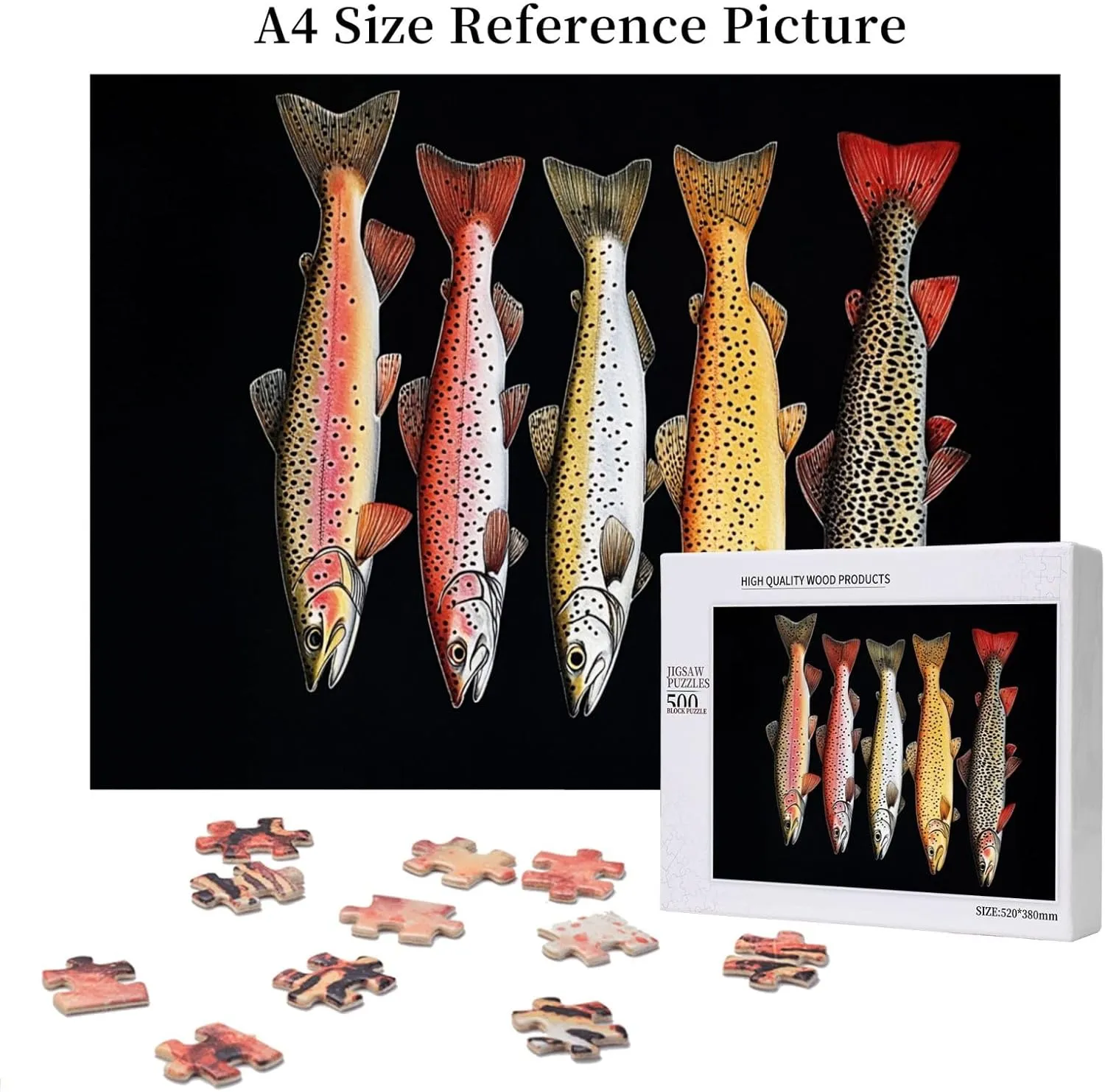 Retro Style Brainstorming Game, Different Varieties of Fish, Puzzles for Adults 500 Pieces, Stress Reliever for Parties, Impossible Brain Challenge for Fishing Enthusiasts