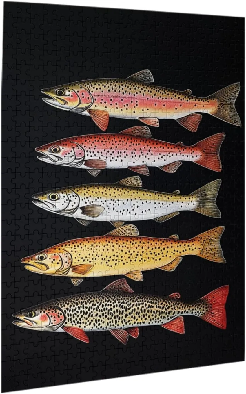 Retro Style Brainstorming Game, Different Varieties of Fish, Puzzles for Adults 500 Pieces, Stress Reliever for Parties, Impossible Brain Challenge for Fishing Enthusiasts