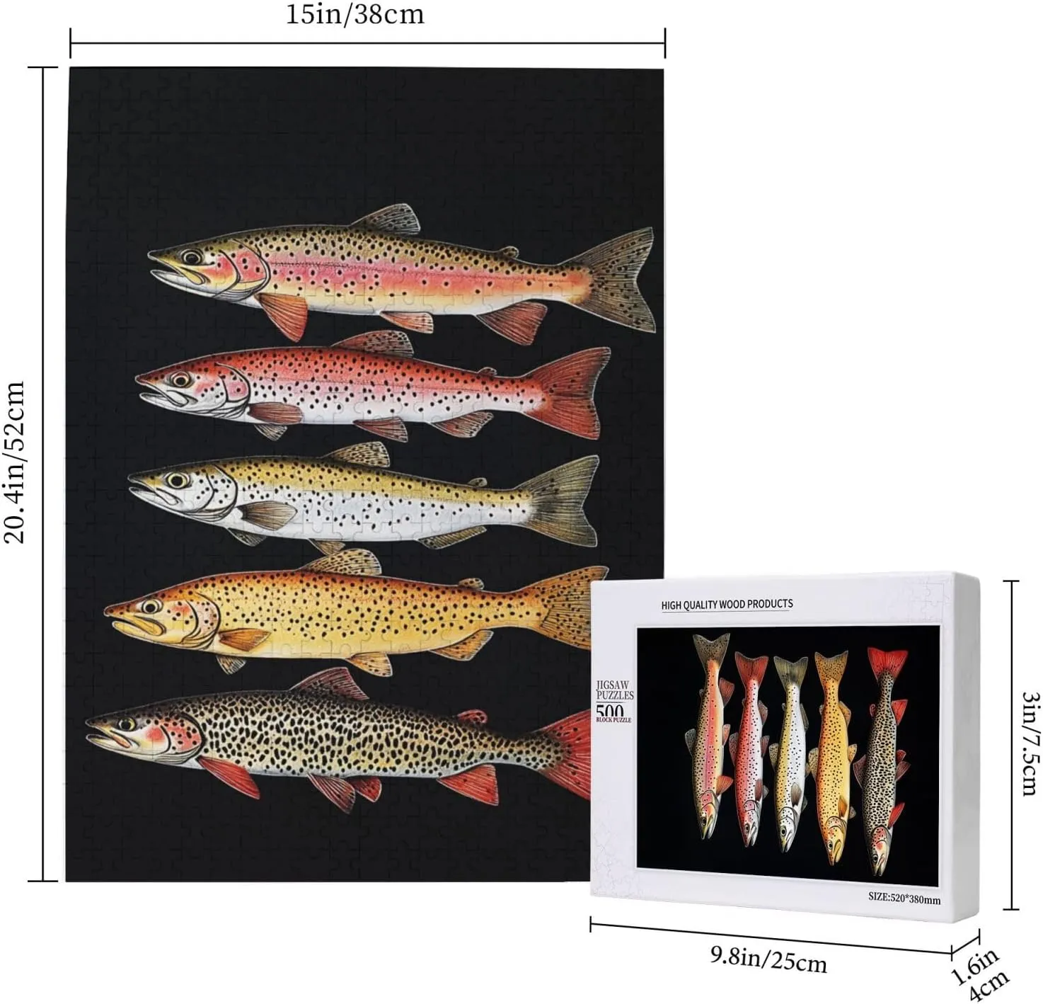 Retro Style Brainstorming Game, Different Varieties of Fish, Puzzles for Adults 500 Pieces, Stress Reliever for Parties, Impossible Brain Challenge for Fishing Enthusiasts