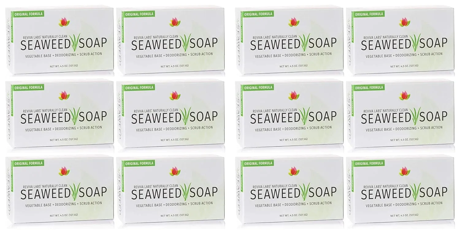 Reviva Seaweed Soap - 12 Pack - Organic Seaweed Face Scrub and Exfoliating Body Scrub Soap Bar - 4.5 oz. Vegetable Base Natural Bar Soap and Seaweed Bath Detox Soap Made in the USA