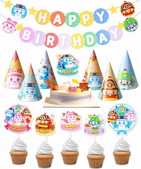 Robocar Poli Birthday Party Supplies [2-Pack] – Happy Birthday Banner, Garland, Cake & Cupcake Toppers, Cone Hats Set for Kids | Party Decorations for Boys & Girls