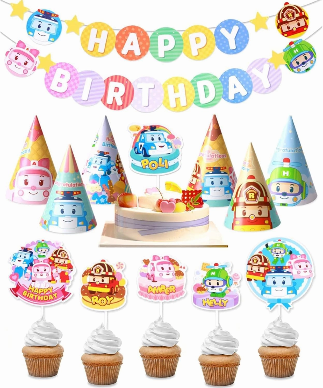 Robocar Poli Birthday Party Supplies [2-Pack] – Happy Birthday Banner, Garland, Cake & Cupcake Toppers, Cone Hats Set for Kids | Party Decorations for Boys & Girls