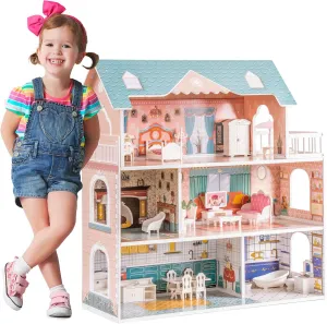 ROBOTIME Doll House Wooden Dollhouse for Kids 3 4 5 6 Years Old, Doll House w/28PCS Furniture Plastic, for 3.3”Dolls, Birthday Presents for Toddler 3 