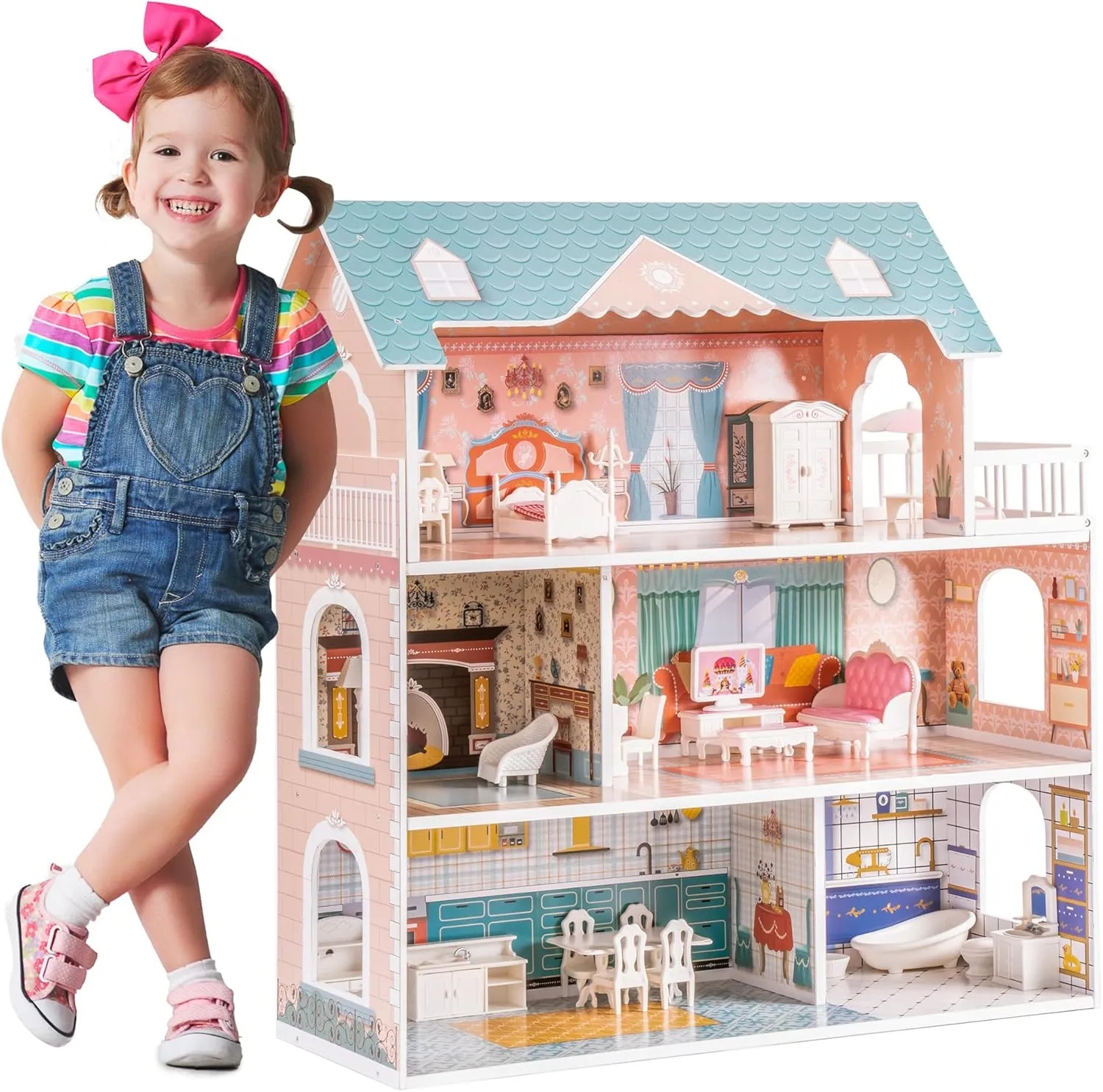 ROBOTIME Doll House Wooden Dollhouse for Kids 3 4 5 6 Years Old, Doll House w/28PCS Furniture Plastic, for 3.3”Dolls, Birthday Presents for Toddler 3 
