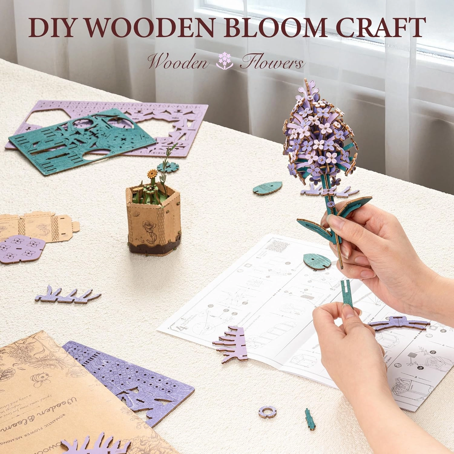 ROBOTIME 3D Flower Puzzle Lilac, Adult Craft Kit for Beginners, Artificial Wooden Flower Decorations & Centerpieces for Table Home Decor, Gift for Valentines Day/Birthday