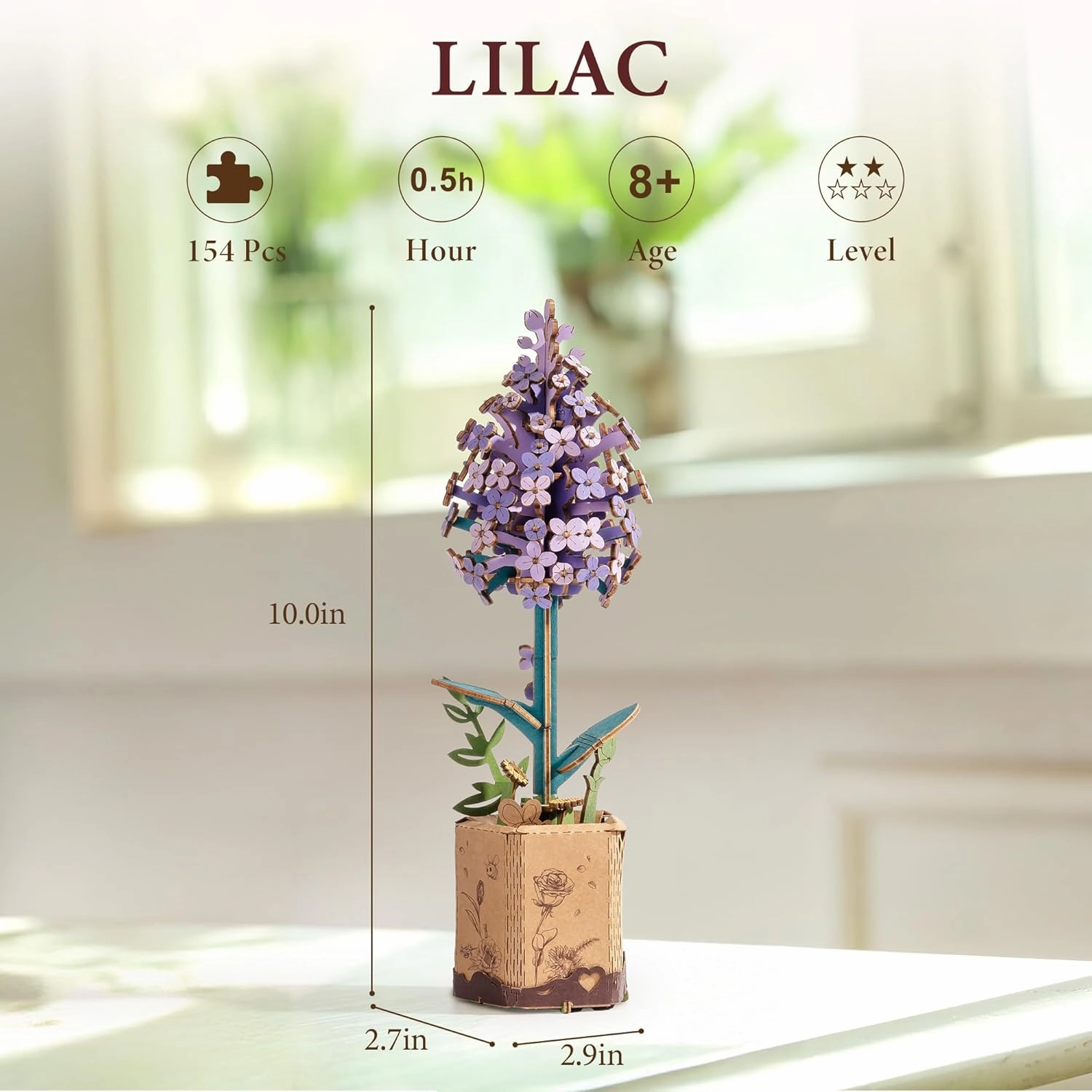 ROBOTIME 3D Flower Puzzle Lilac, Adult Craft Kit for Beginners, Artificial Wooden Flower Decorations & Centerpieces for Table Home Decor, Gift for Valentines Day/Birthday