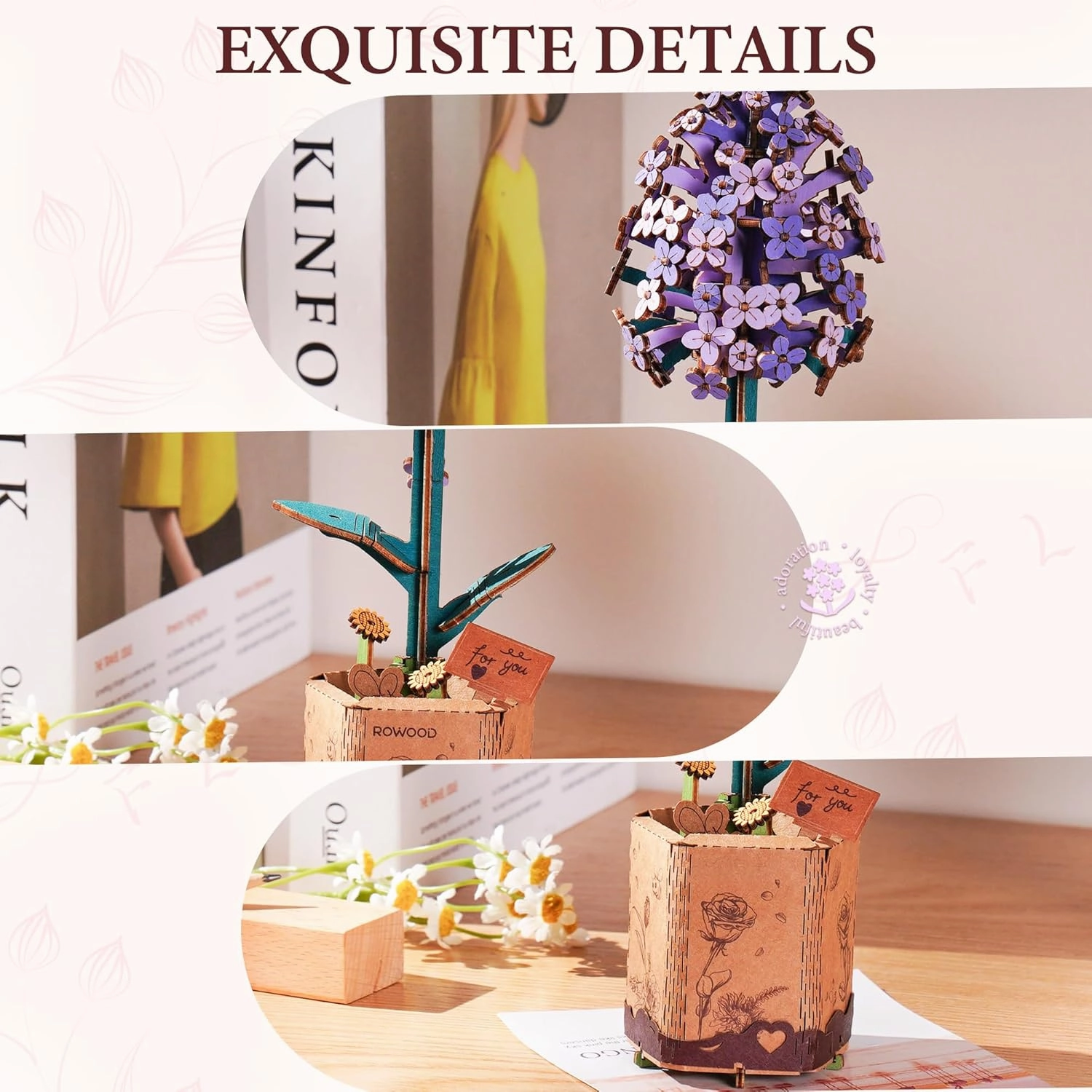 ROBOTIME 3D Flower Puzzle Lilac, Adult Craft Kit for Beginners, Artificial Wooden Flower Decorations & Centerpieces for Table Home Decor, Gift for Valentines Day/Birthday