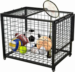 Rolling Sports Ball Storage Cart, Multi Large Sports Equipment Organizer Holder with Lockable Lid, Indoor Outdoor Ball Cage Bin Sport Rack for Gym, School, Club