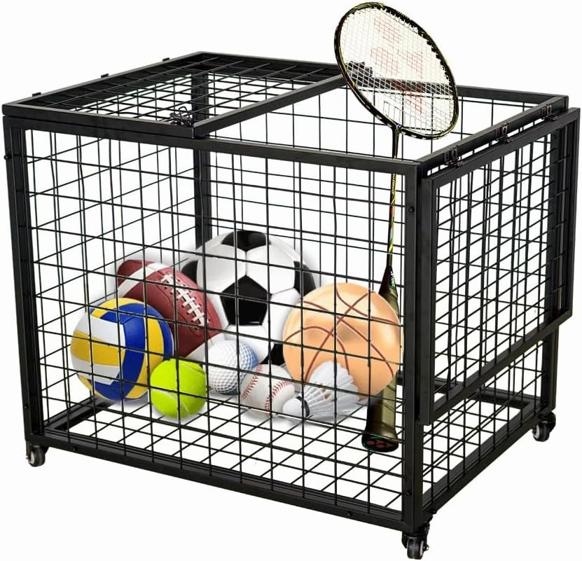 Rolling Sports Ball Storage Cart, Multi Large Sports Equipment Organizer Holder with Lockable Lid, Indoor Outdoor Ball Cage Bin Sport Rack for Gym, School, Club