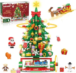 Rotating Christmas Tree Mini Building Set with LED Light - 1145PCS Christmas Building Blocks with Santa Snowman Rotatable Train Xmas Tree Home Decor 2024 for Adults Kids 10 