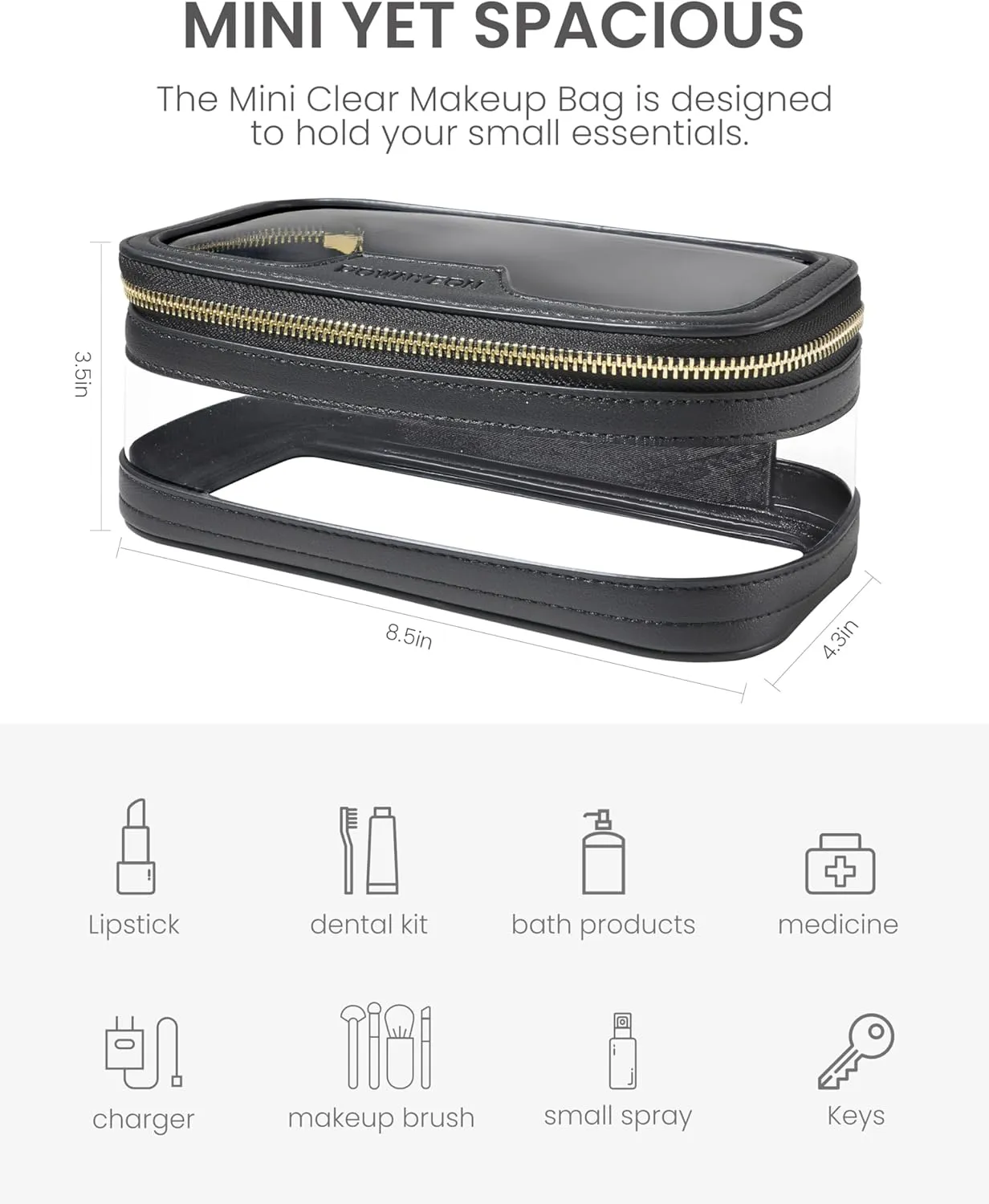 ROWNYEON Waterproof Toiletry Organizer Train Case, CLear Travel Makeup Bag for Women，Transparent Cosmetic Bag，Portable Makeup Case Organizer (black)