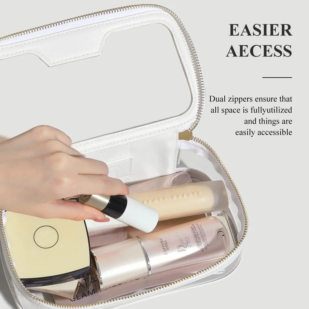 ROWNYEON Waterproof Toiletry Organizer Train Case, CLear Travel Makeup Bag for Women，Transparent Cosmetic Bag，Portable Makeup Case Organizer (White)