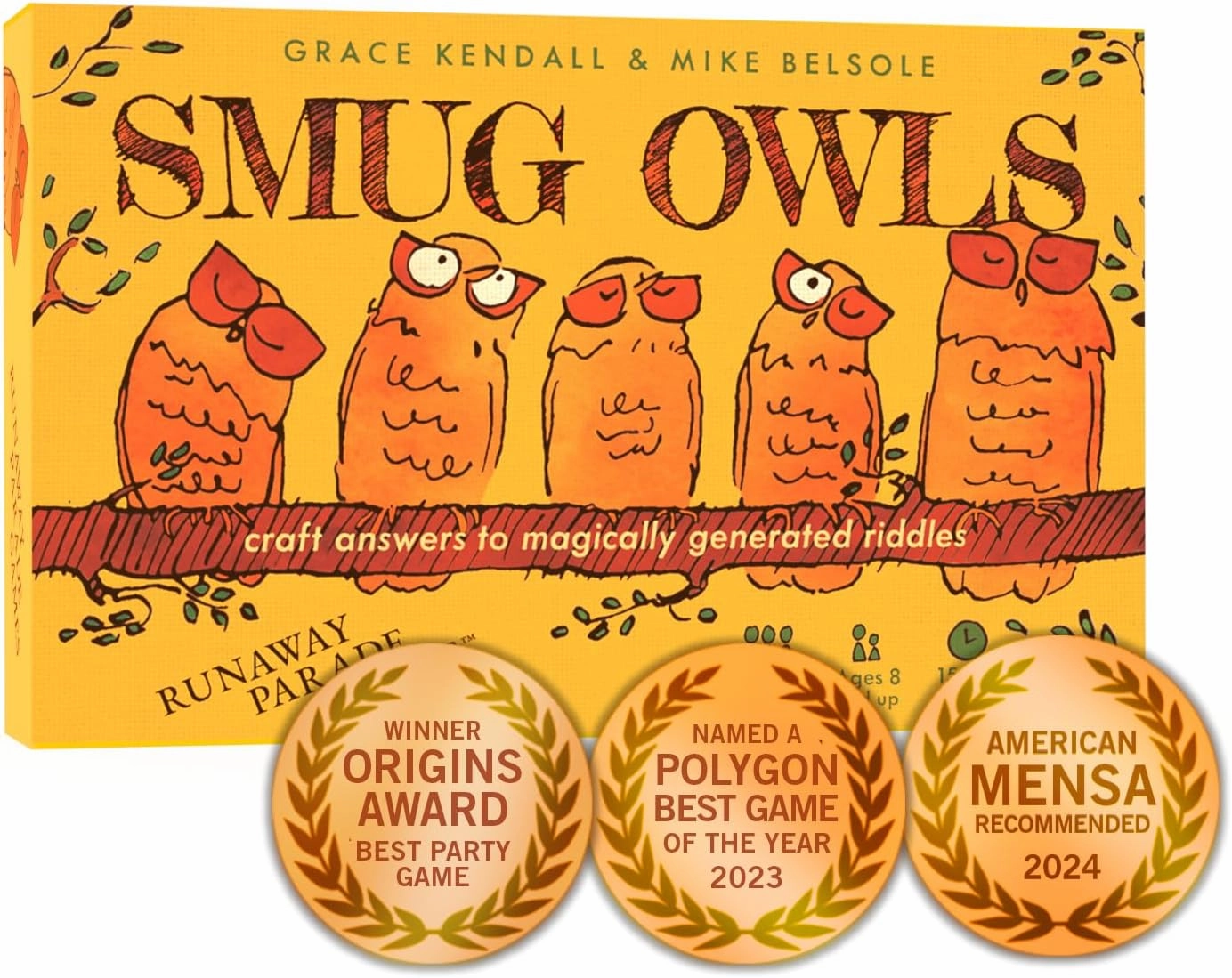 Runaway Parade Games Smug Owls Card Game - an Award-Winning Hilarious & Creative Riddle-Solving Party Game for Kids and Adults | Fun for The Whole Family | 8  | 15-20 min | 3-15 Players